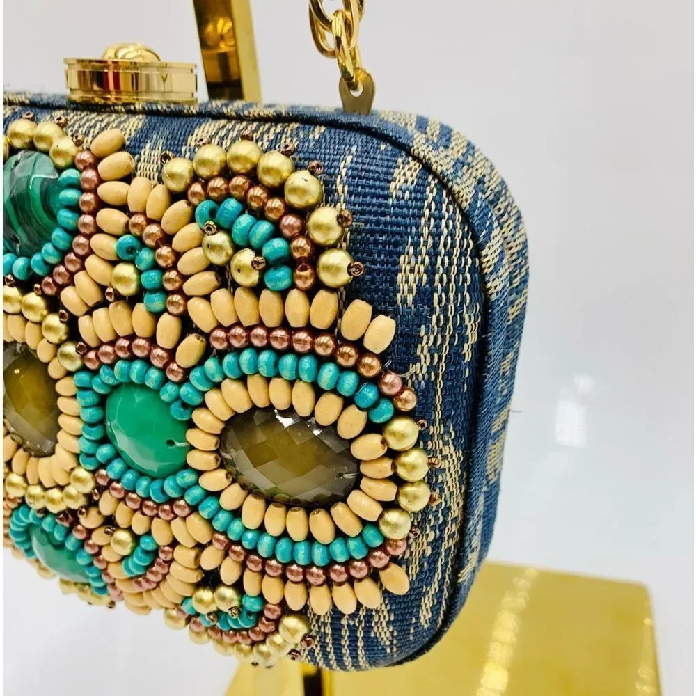 Auth Rafe Minaudière Beaded Boho Canvas Box Clutch Gold-Tone Chainlink Strap